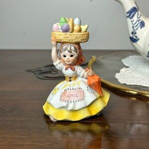 Vintage Lefton April Birthday Figurine Easter Basket and Umbrella Bisque 6228